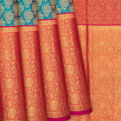 Cyan Handloom Kanchipuram Korvai Silk Saree With Floral Motifs-Cyan