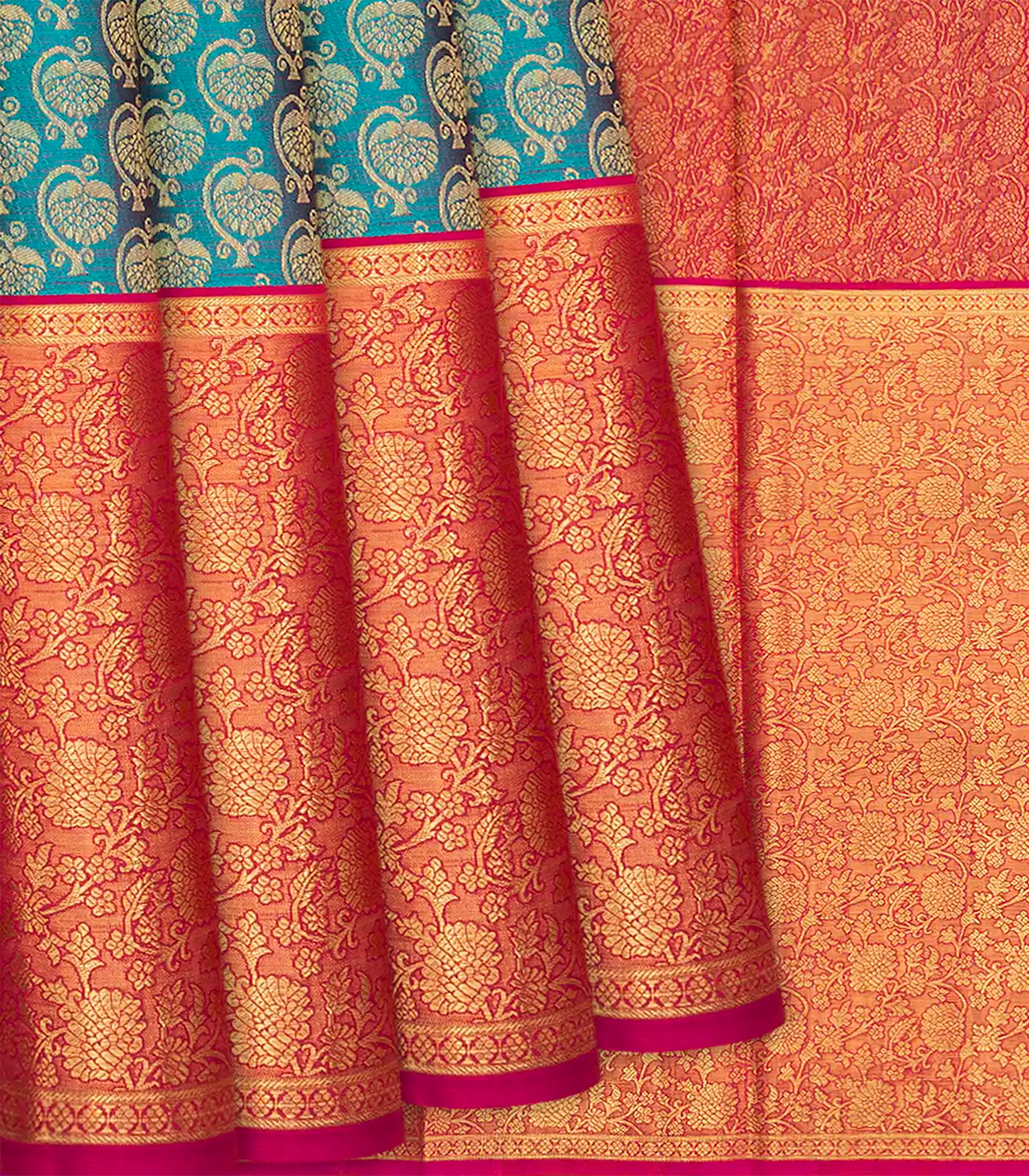 Cyan Handloom Kanchipuram Korvai Silk Saree With Floral Motifs-Cyan