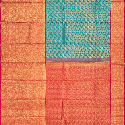 Cyan Handloom Kanchipuram Korvai Silk Saree With Floral Motifs-Cyan