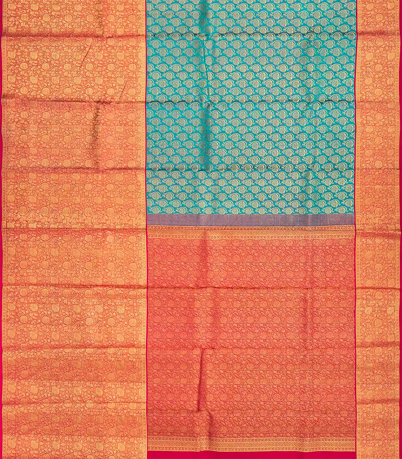 Cyan Handloom Kanchipuram Korvai Silk Saree With Floral Motifs-Cyan