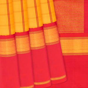 Yellow Handloom Kanchipuram Korvai Silk Saree With Checks-Yellow