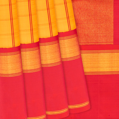 Yellow Handloom Kanchipuram Korvai Silk Saree With Checks-Yellow