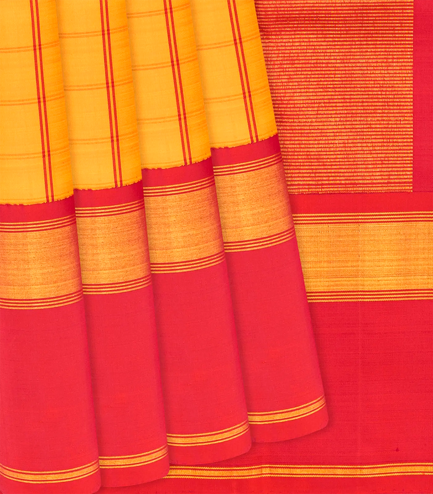 Yellow Handloom Kanchipuram Korvai Silk Saree With Checks-Yellow