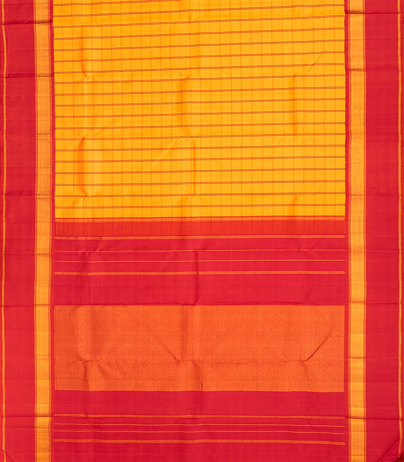 Yellow Handloom Kanchipuram Korvai Silk Saree With Checks-Yellow