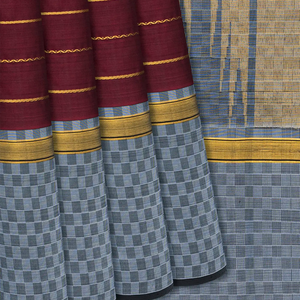 Maroon Handloom Kanchipuram Silk Saree With Stripes-Maroon
