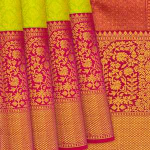 Green Handloom Kanchipuram Korvai Silk Saree With Floral Motifs-Green