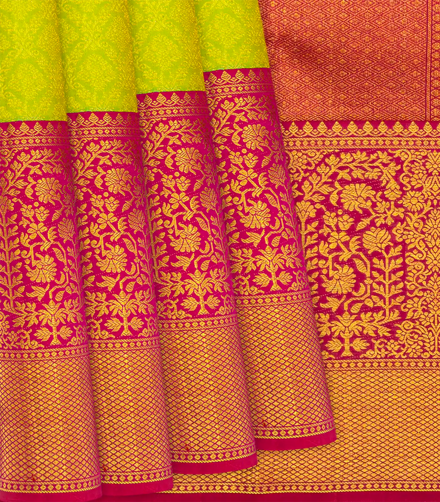 Green Handloom Kanchipuram Korvai Silk Saree With Floral Motifs-Green