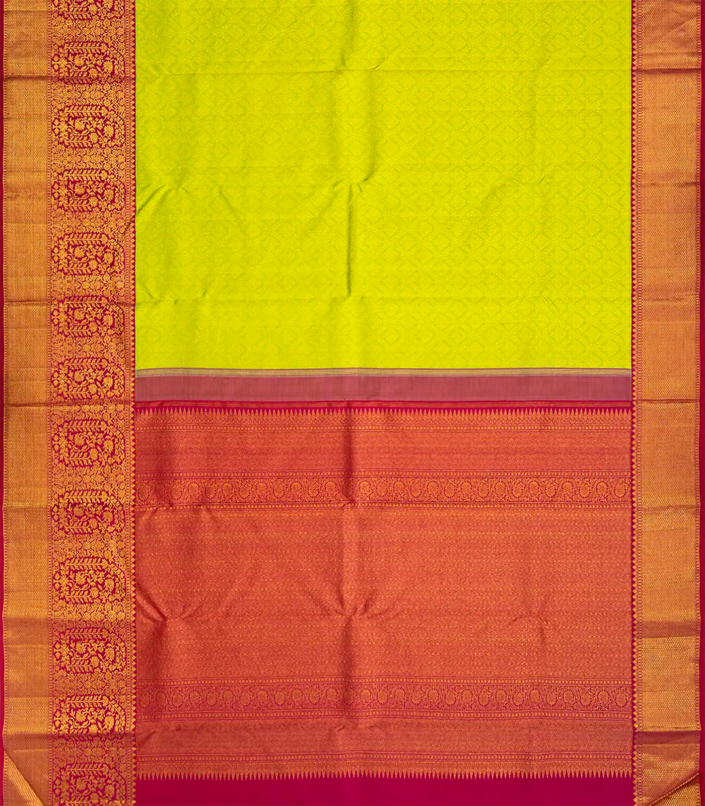 Green Handloom Kanchipuram Korvai Silk Saree With Floral Motifs-Green