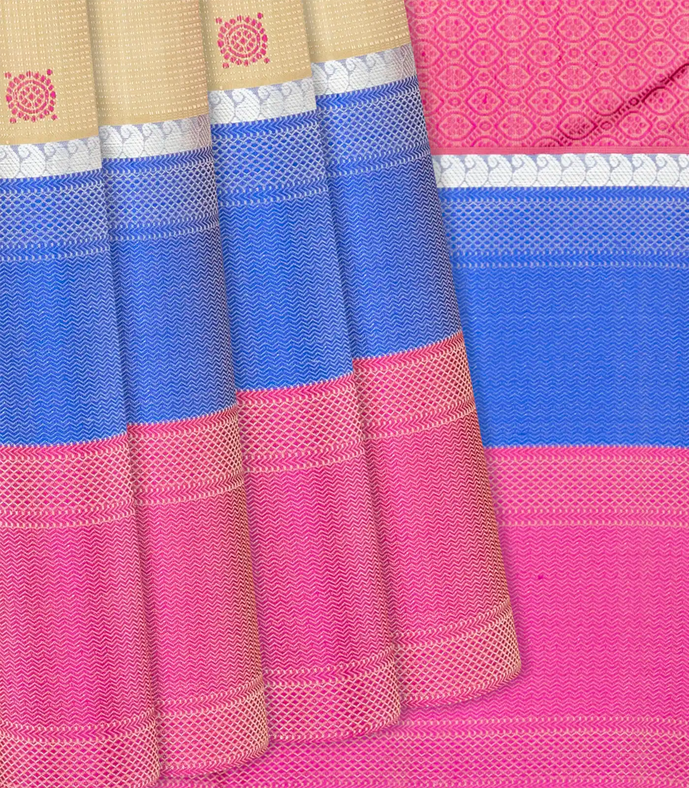 Beige Handloom Kanchipuram Silk Saree With Diamond Motifs-Beige