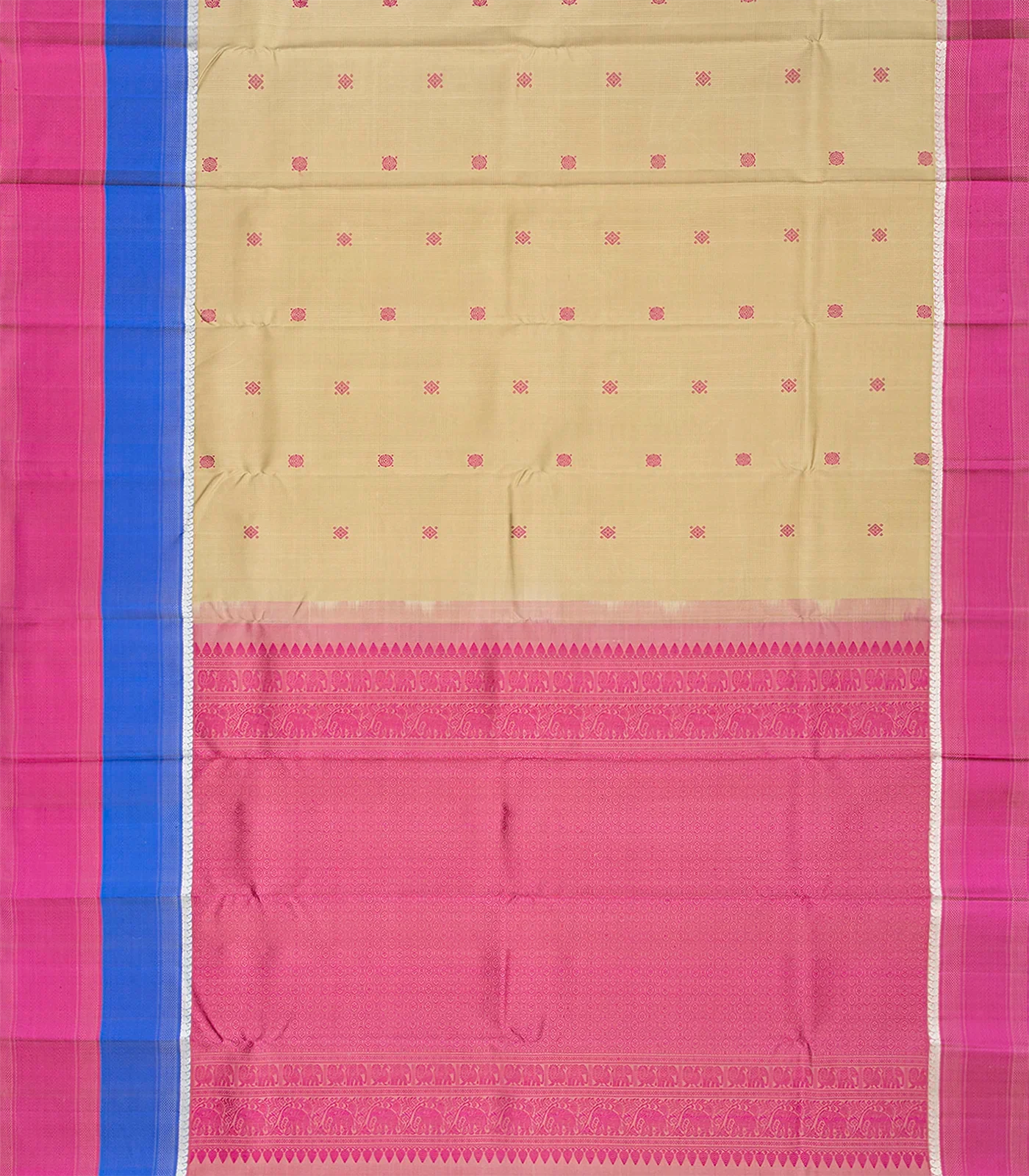 Beige Handloom Kanchipuram Silk Saree With Diamond Motifs-Beige