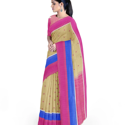 Beige Handloom Kanchipuram Silk Saree With Diamond Motifs-Beige