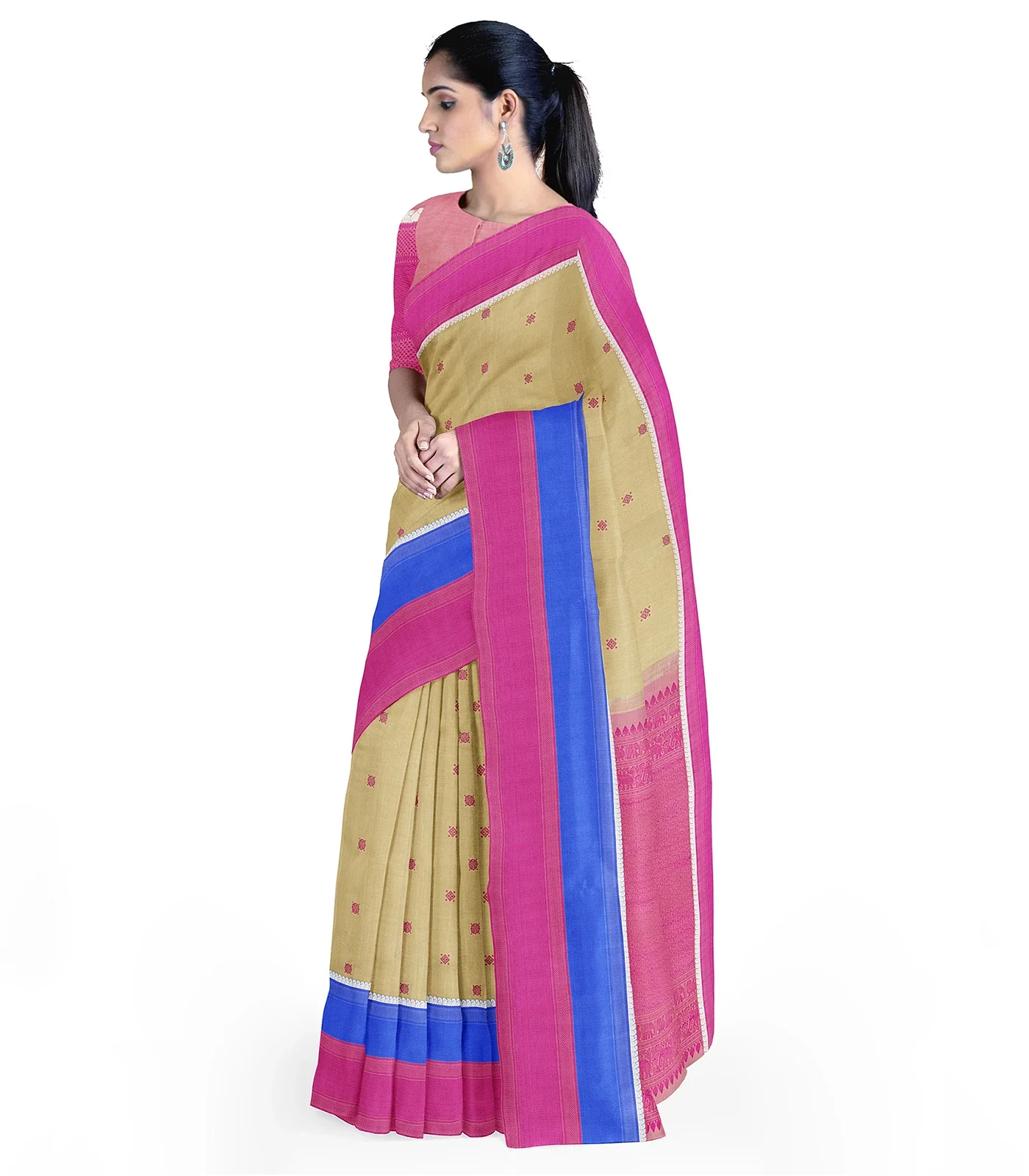 Beige Handloom Kanchipuram Silk Saree With Diamond Motifs-Beige