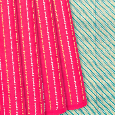 Pink Handloom Kanchipuram Silk Saree With Diamond Stripes-Pink