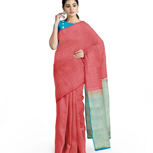 Pink Handloom Kanchipuram Silk Saree With Diamond Stripes-Pink