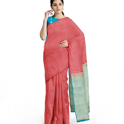 Pink Handloom Kanchipuram Silk Saree With Diamond Stripes-Pink