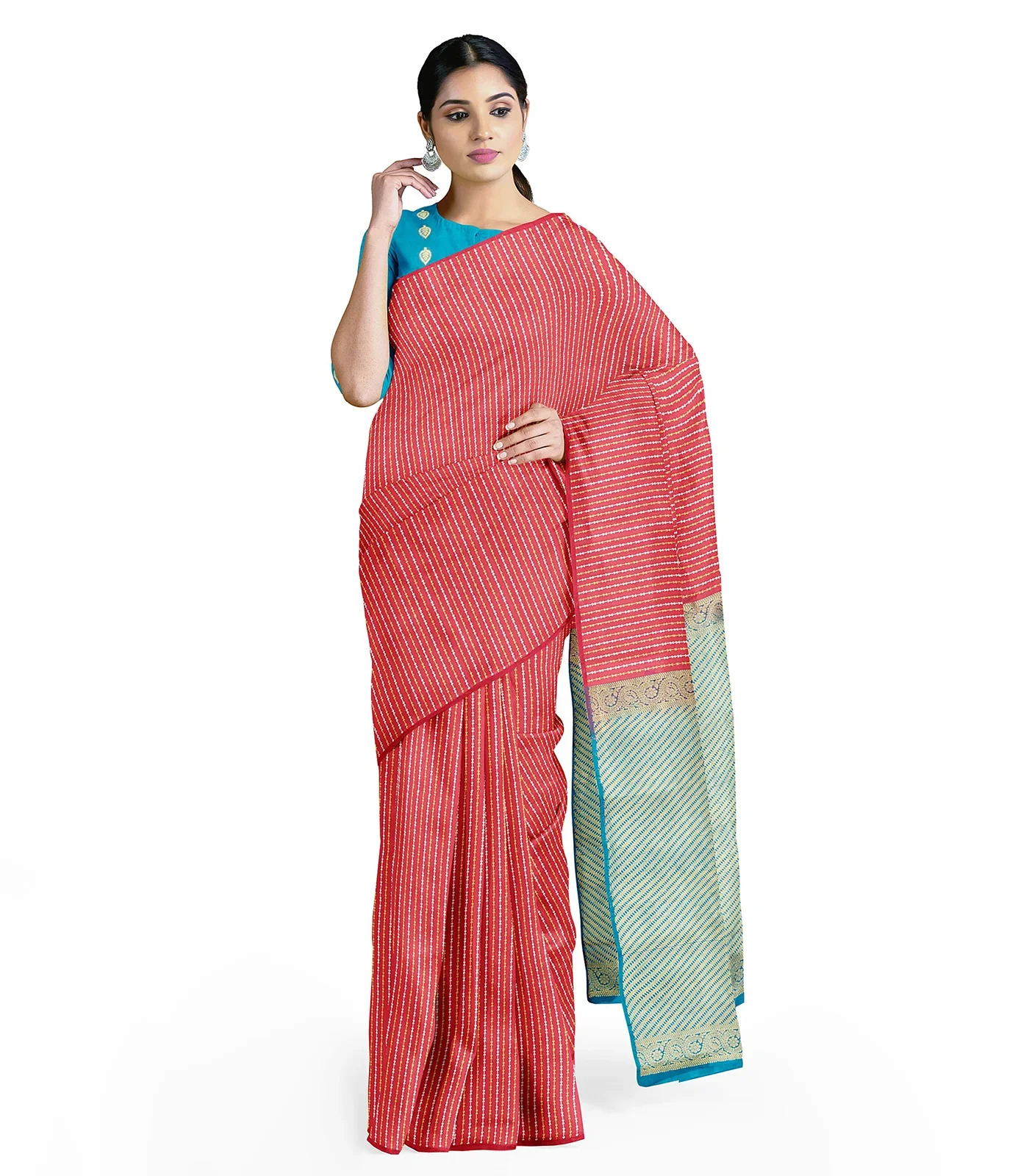 Pink Handloom Kanchipuram Silk Saree With Diamond Stripes-Pink