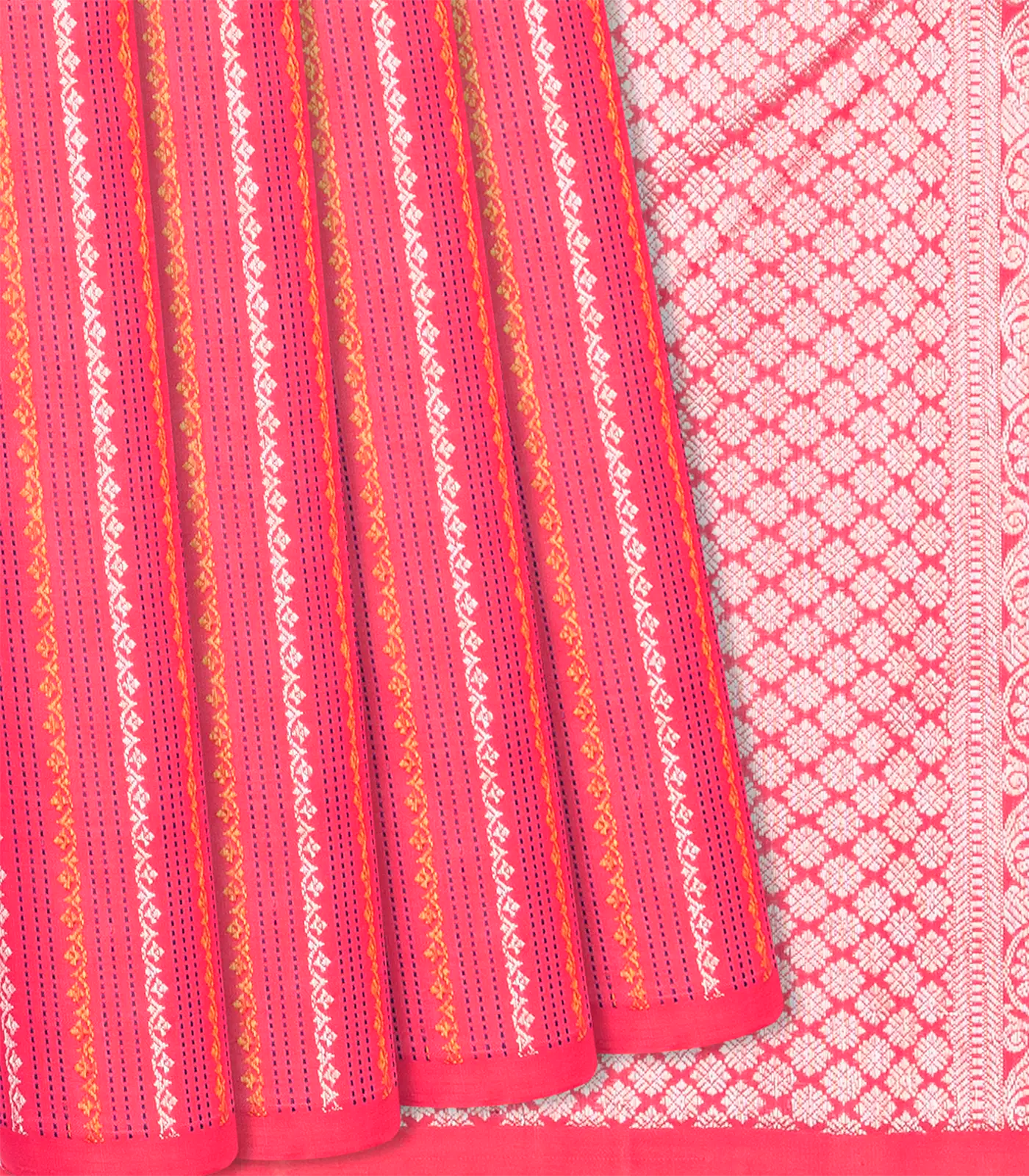 Peach Handloom Kanchipuram Silk Saree With Floral Stripes-Peach