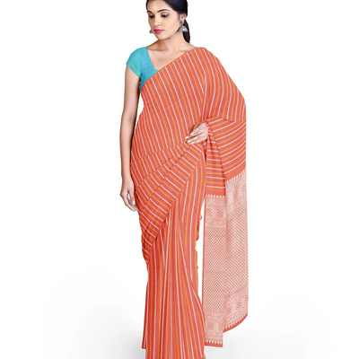Peach Handloom Kanchipuram Silk Saree With Floral Stripes-Peach