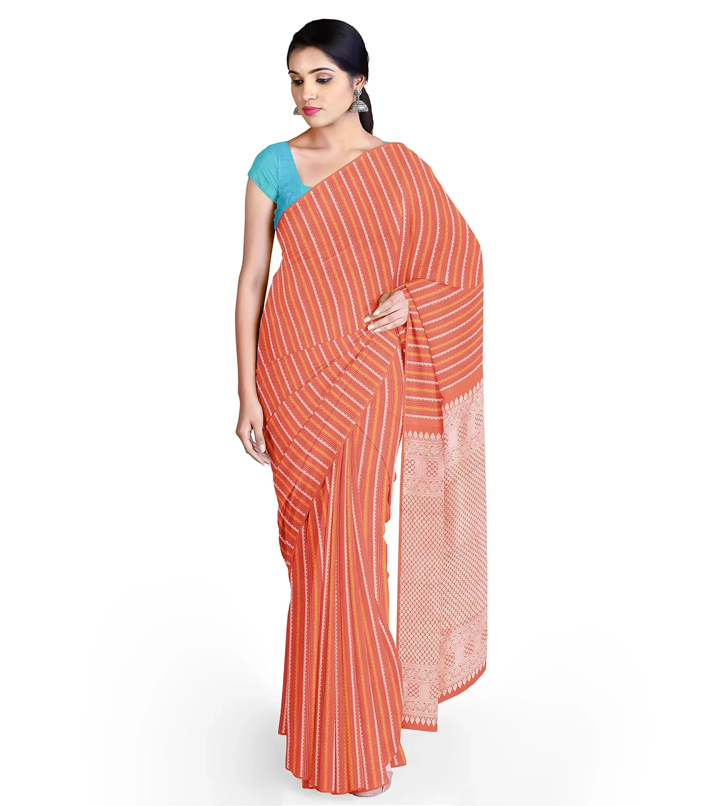 Peach Handloom Kanchipuram Silk Saree With Floral Stripes-Peach
