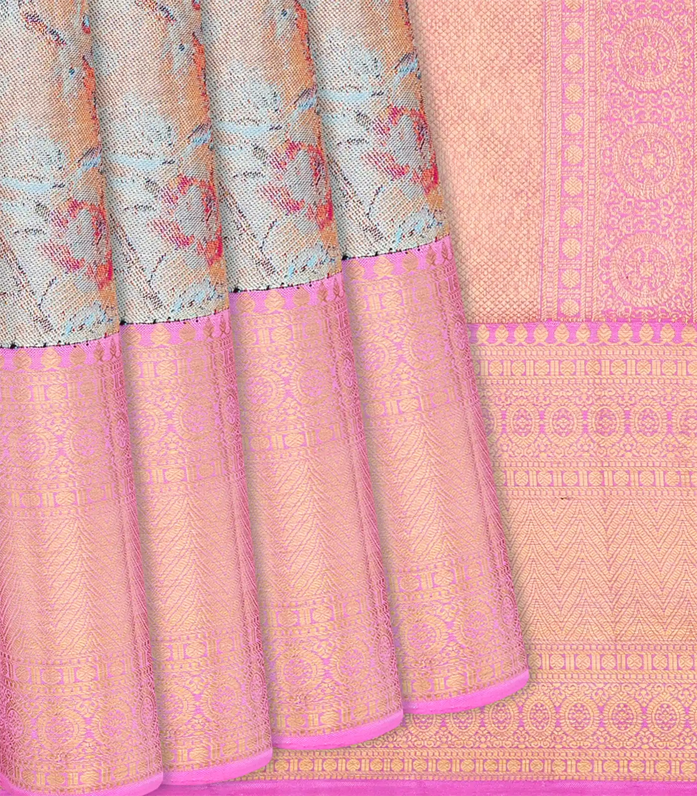 Multi Colour  Handloom Kanchipuram Silk Saree With Peacock Motifs-Multi colour