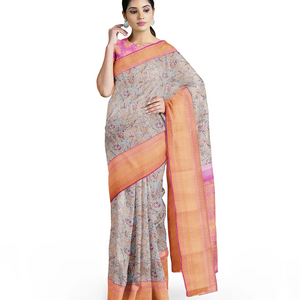 Multi Colour  Handloom Kanchipuram Silk Saree With Peacock Motifs-Multi colour
