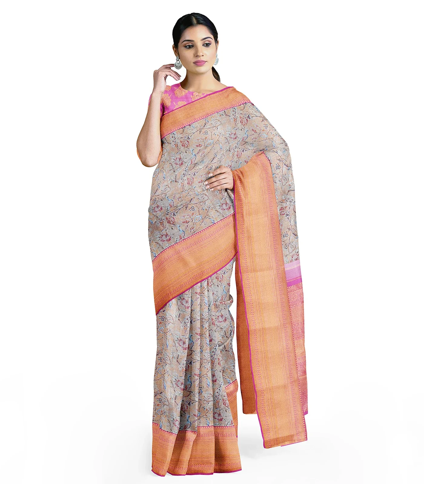 Multi Colour  Handloom Kanchipuram Silk Saree With Peacock Motifs-Multi colour