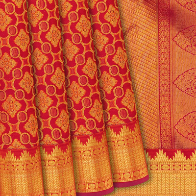 Red Handloom Kanchipuram Silk Saree With Floral Jaal Motifs-Red
