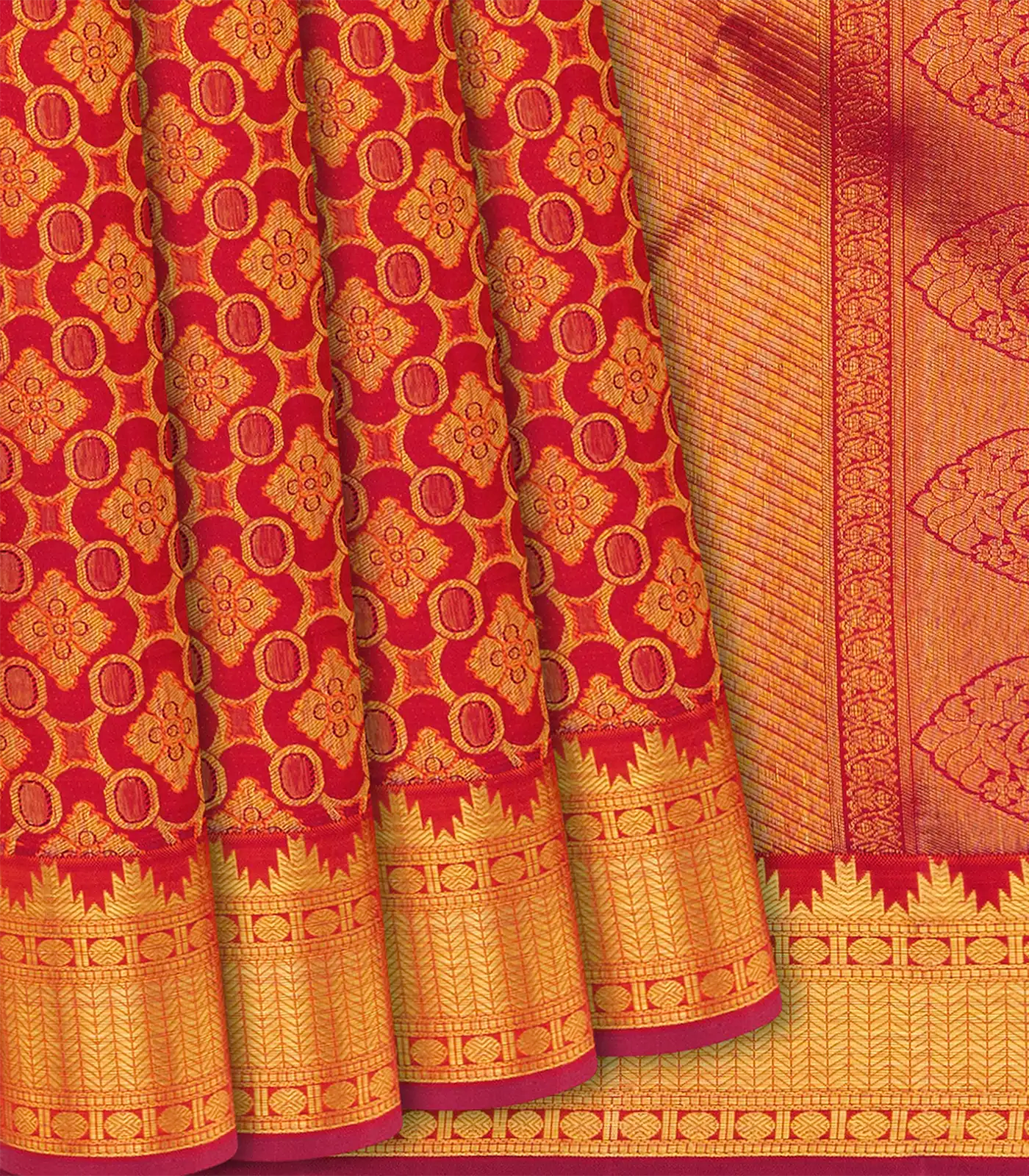 Red Handloom Kanchipuram Silk Saree With Floral Jaal Motifs-Red