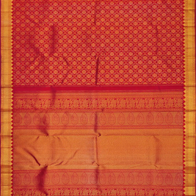 Red Handloom Kanchipuram Silk Saree With Floral Jaal Motifs-Red