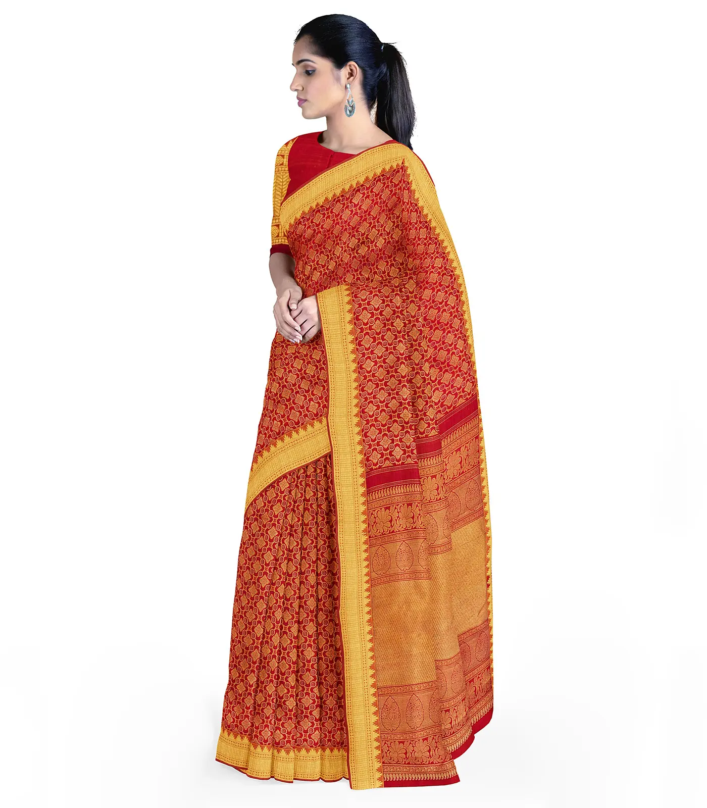 Red Handloom Kanchipuram Silk Saree With Floral Jaal Motifs-Red