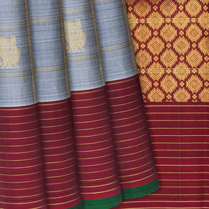 Grey Handloom Kanchipuram Silk Saree With Annam Chakaram Motifs-Grey