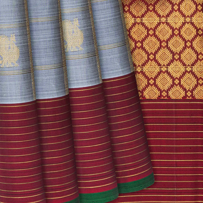 Grey Handloom Kanchipuram Silk Saree With Annam Chakaram Motifs-Grey