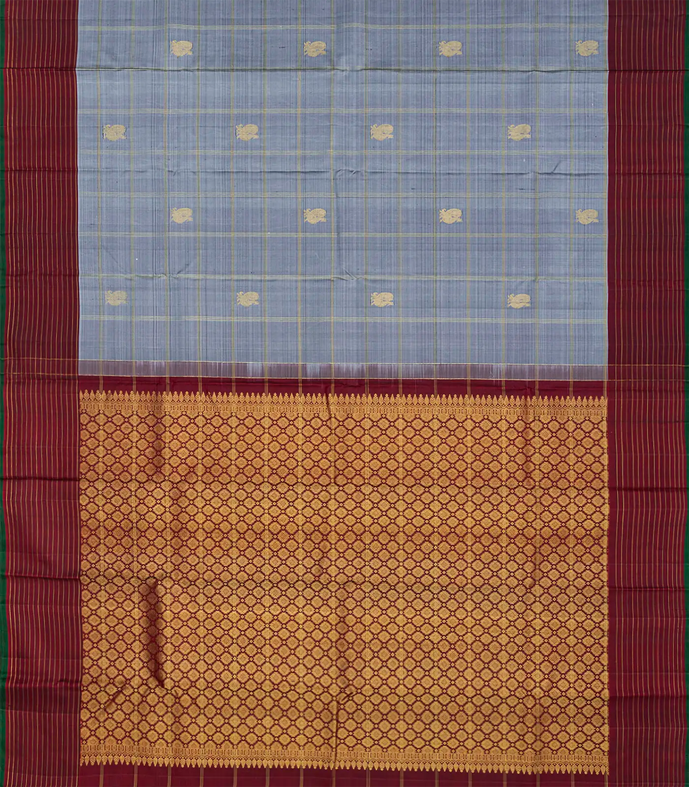 Grey Handloom Kanchipuram Silk Saree With Annam Chakaram Motifs-Grey