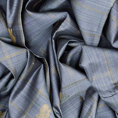 Grey Handloom Kanchipuram Silk Saree With Annam Chakaram Motifs-Grey
