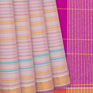 Baby Pink Handloom Kanchipuram Silk Saree With Multi Stripes-Baby Pink