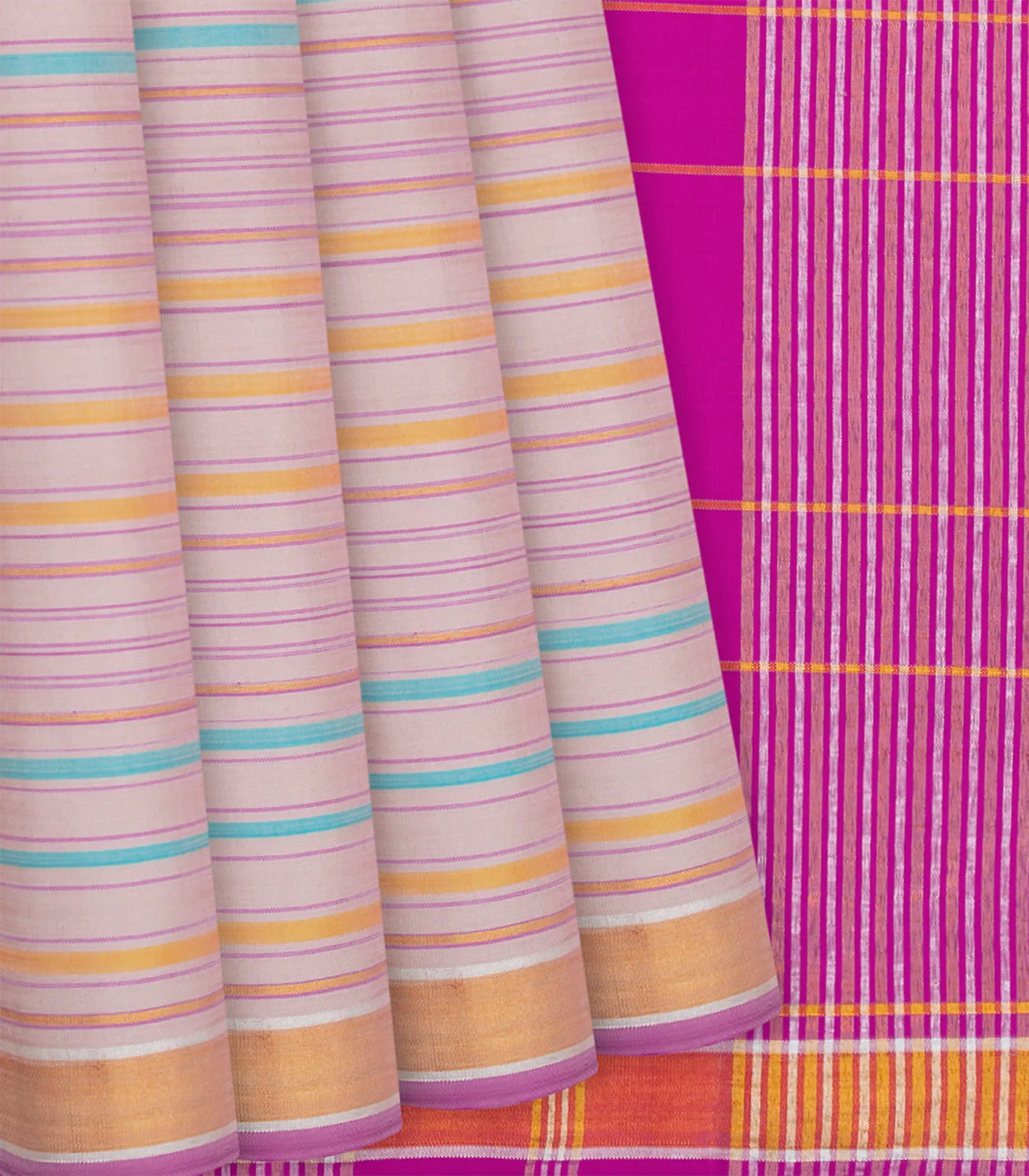 Baby Pink Handloom Kanchipuram Silk Saree With Multi Stripes-Baby Pink