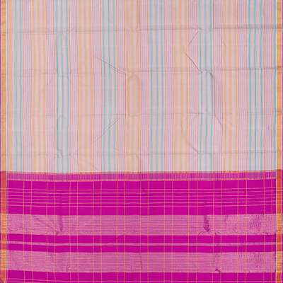 Baby Pink Handloom Kanchipuram Silk Saree With Multi Stripes-Baby Pink
