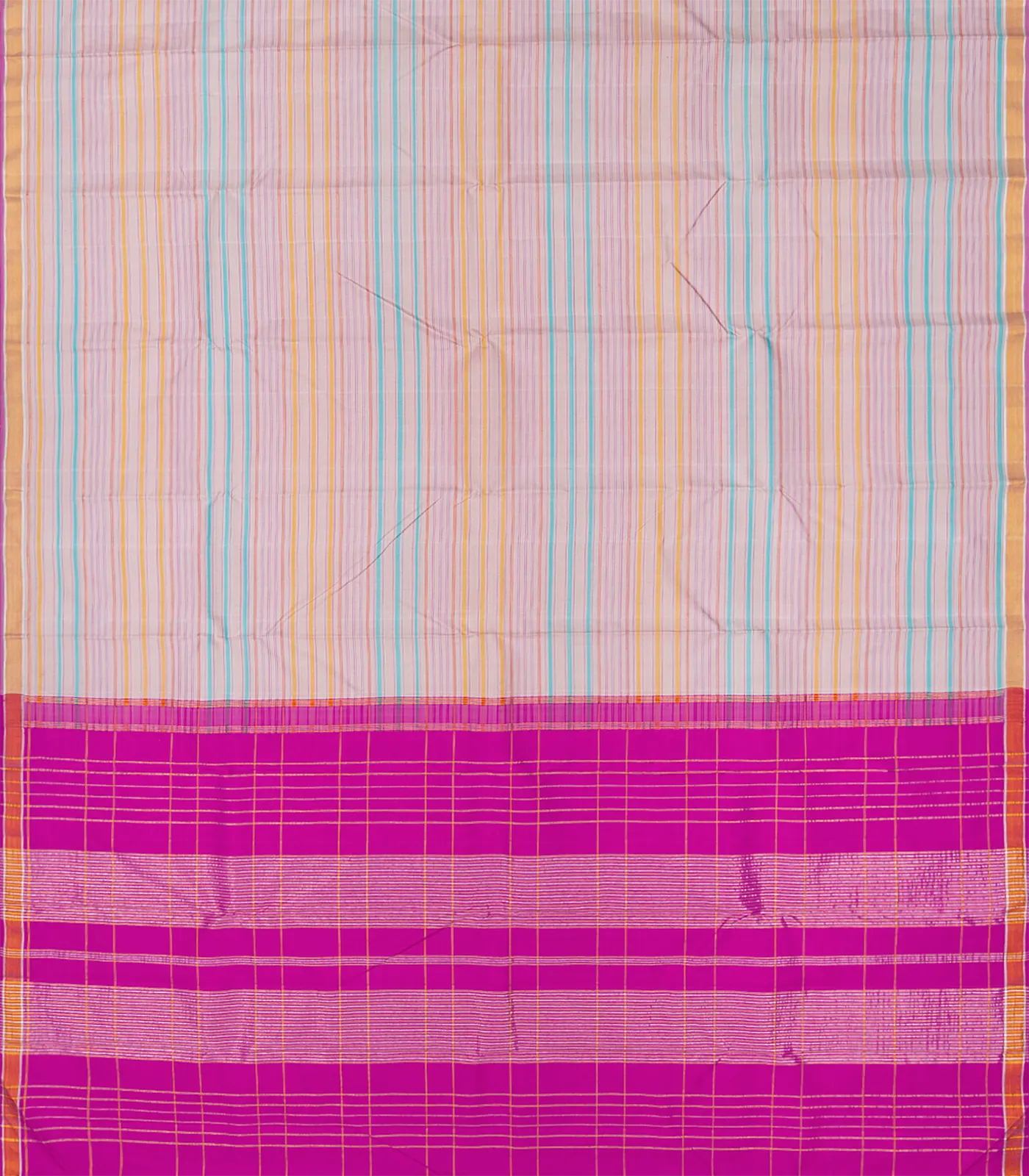 Baby Pink Handloom Kanchipuram Silk Saree With Multi Stripes-Baby Pink