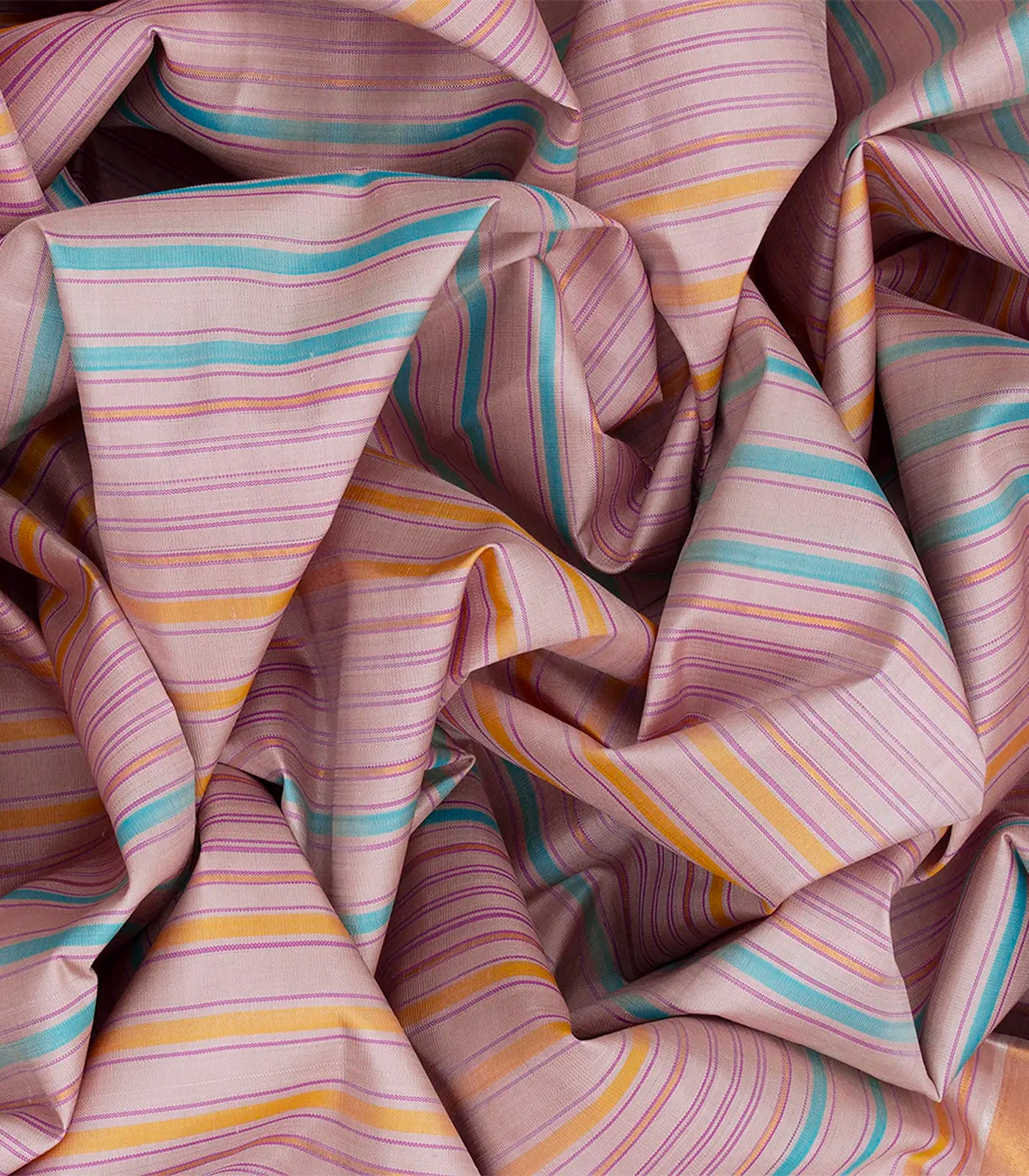 Baby Pink Handloom Kanchipuram Silk Saree With Multi Stripes-Baby Pink