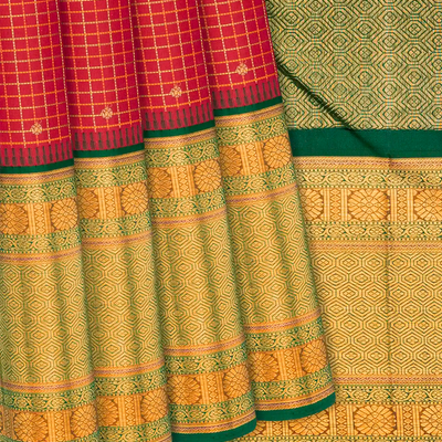 Red Handloom Kanchipuram Korvai Silk Saree With Checks-Red
