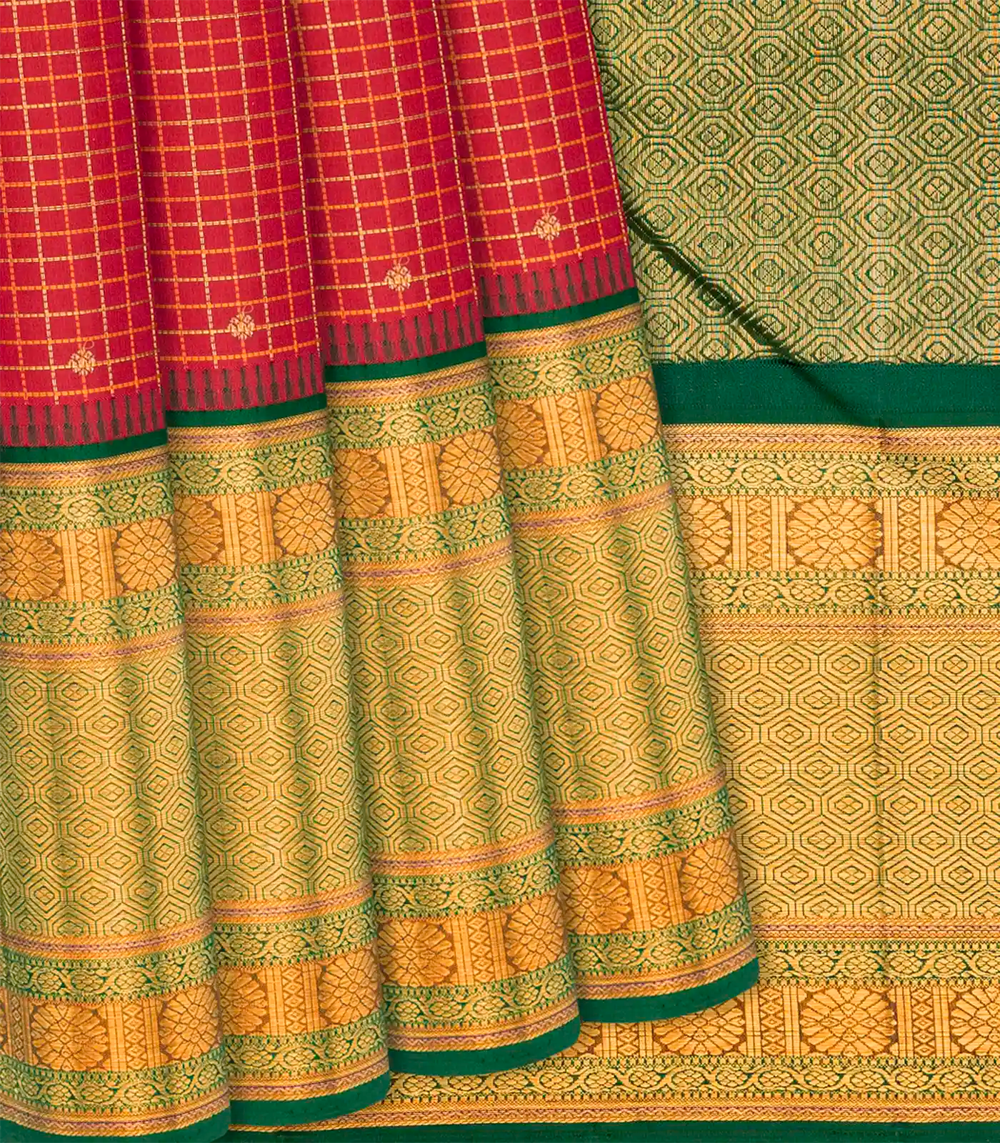 Red Handloom Kanchipuram Korvai Silk Saree With Checks-Red