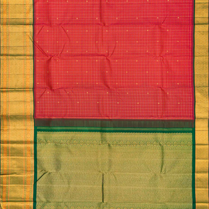 Red Handloom Kanchipuram Korvai Silk Saree With Checks-Red