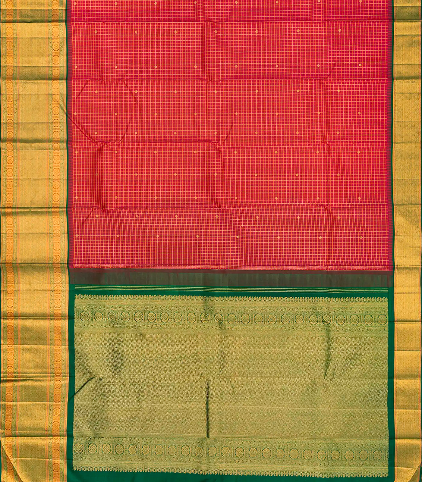 Red Handloom Kanchipuram Korvai Silk Saree With Checks-Red