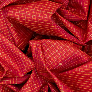 Red Handloom Kanchipuram Korvai Silk Saree With Checks-Red