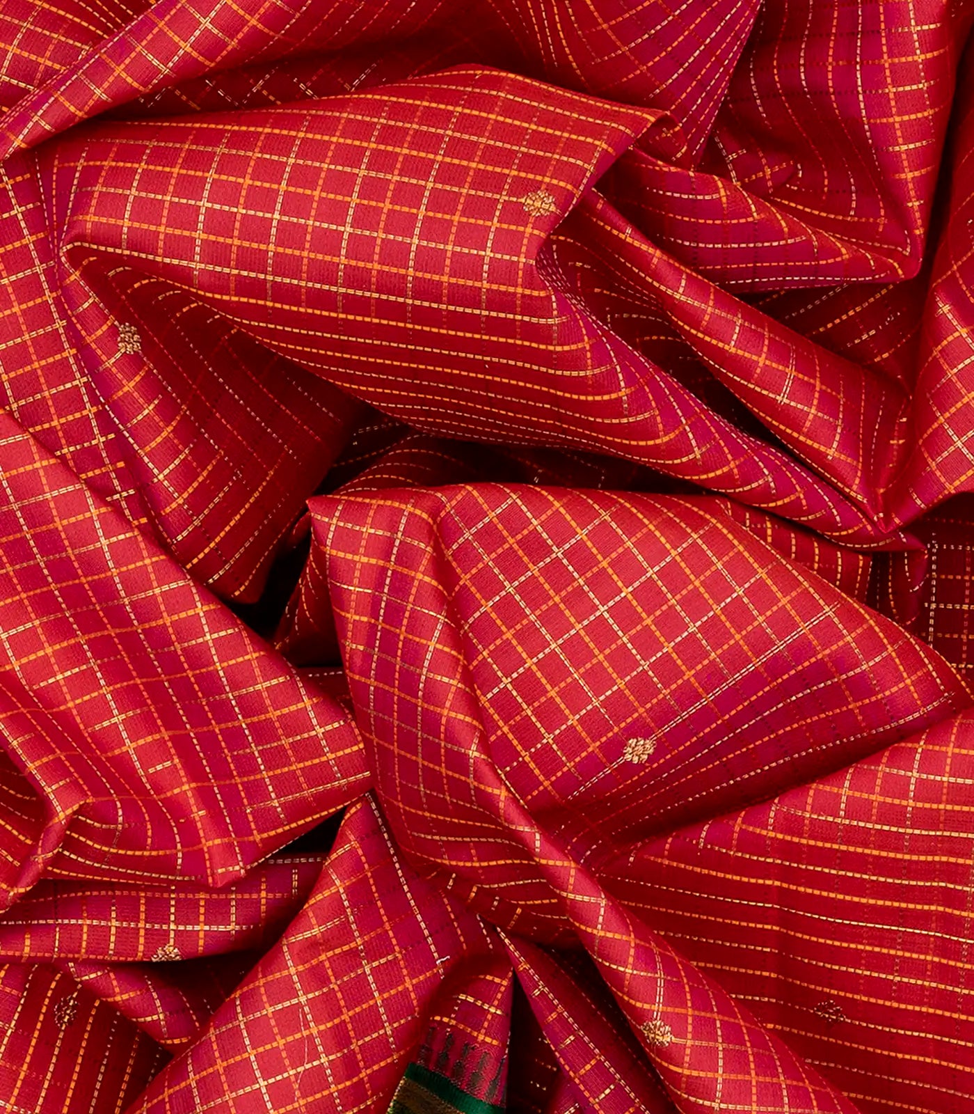 Red Handloom Kanchipuram Korvai Silk Saree With Checks-Red