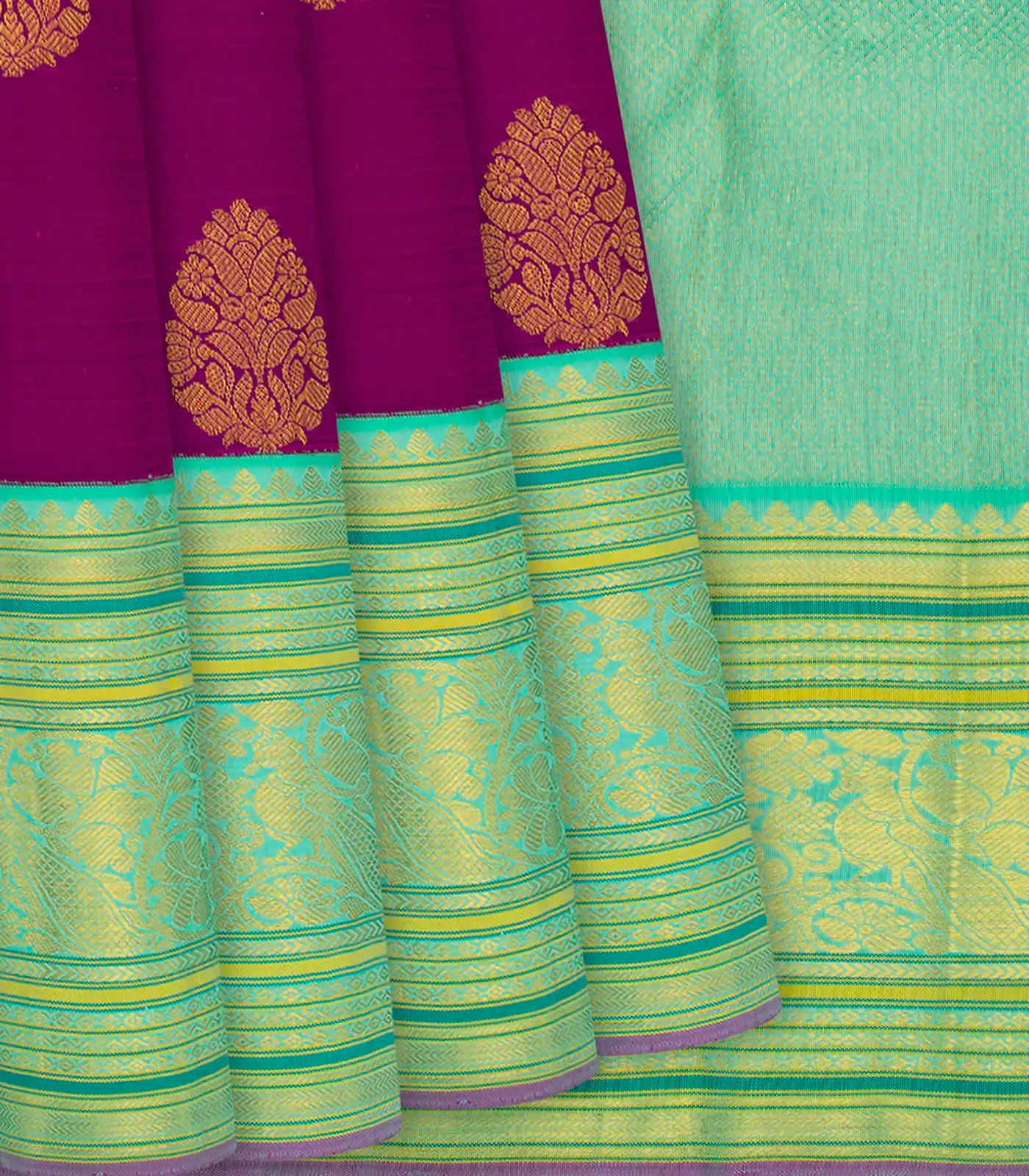 Magenta Handloom Kanchipuram Korvai Silk Saree With Floral Motifs-Magenta