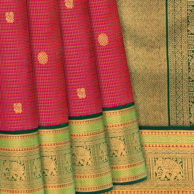 Crimson Handloom Kanchipuram Korvai Silk Saree With Checks-Crimson