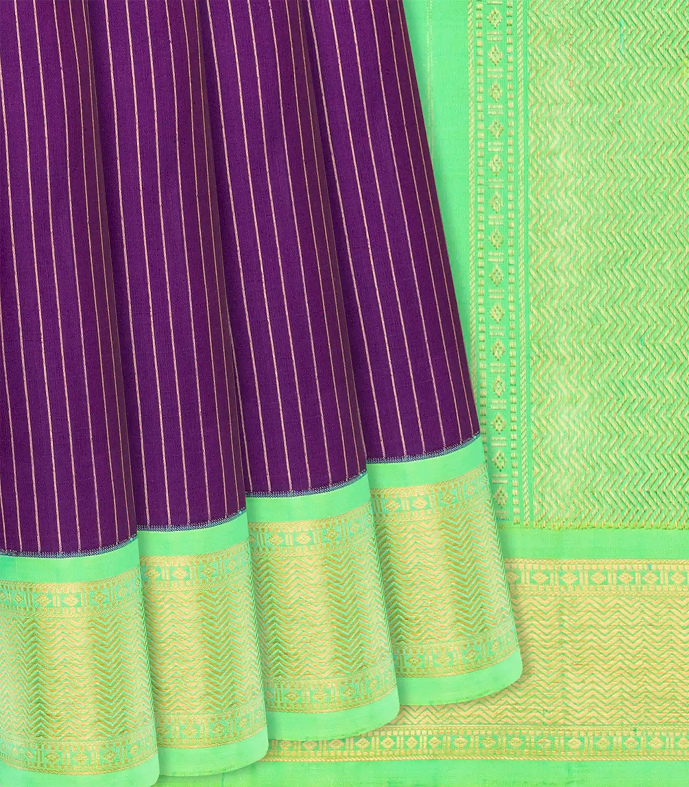 Magenta Handloom Kanchipuram Korvai Silk Saree With Zari Stripes-Magenta