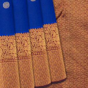 Blue Handloom Kanchipuram Korvai Silk Saree With Chakaram Motifs-Blue