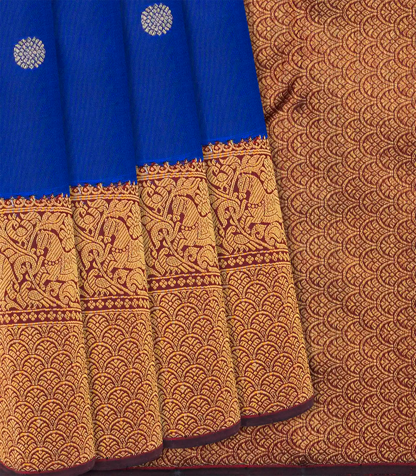 Blue Handloom Kanchipuram Korvai Silk Saree With Chakaram Motifs-Blue